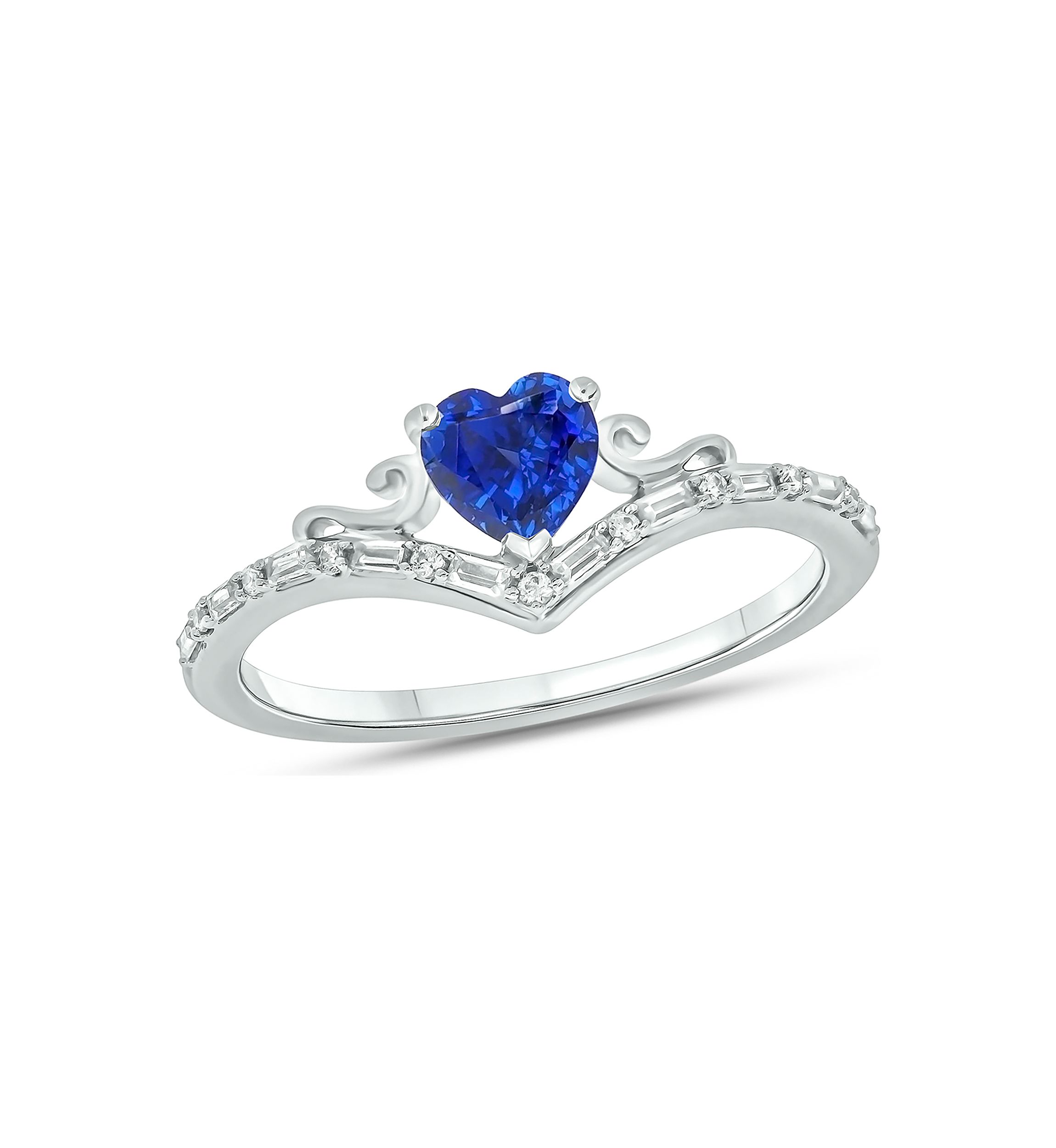 1/10 ct. t.w. Baguette Round White Diamond Synthetic Blue Sapphire Chevron V Anniversary Ring in Sterling Silver 