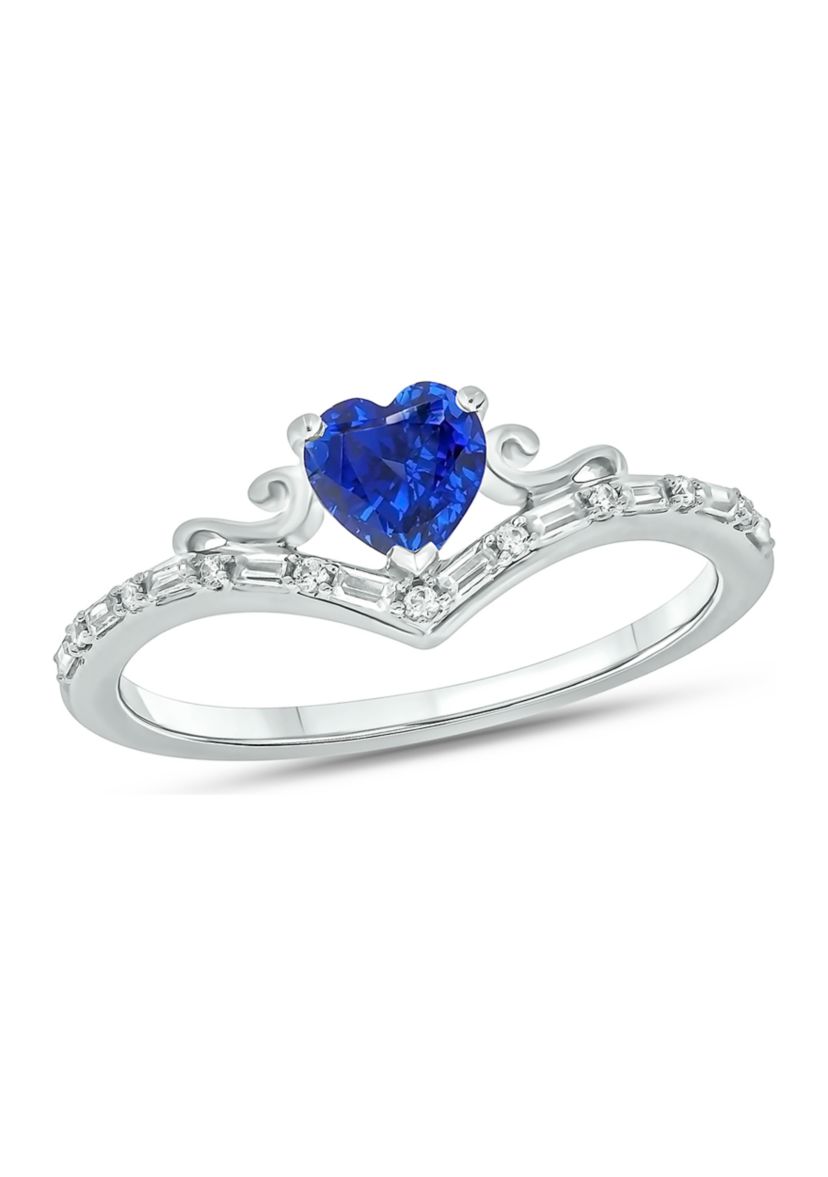 1/10 ct. t.w. Baguette Round White Diamond Synthetic Blue Sapphire Chevron V Anniversary Ring in Sterling Silver 