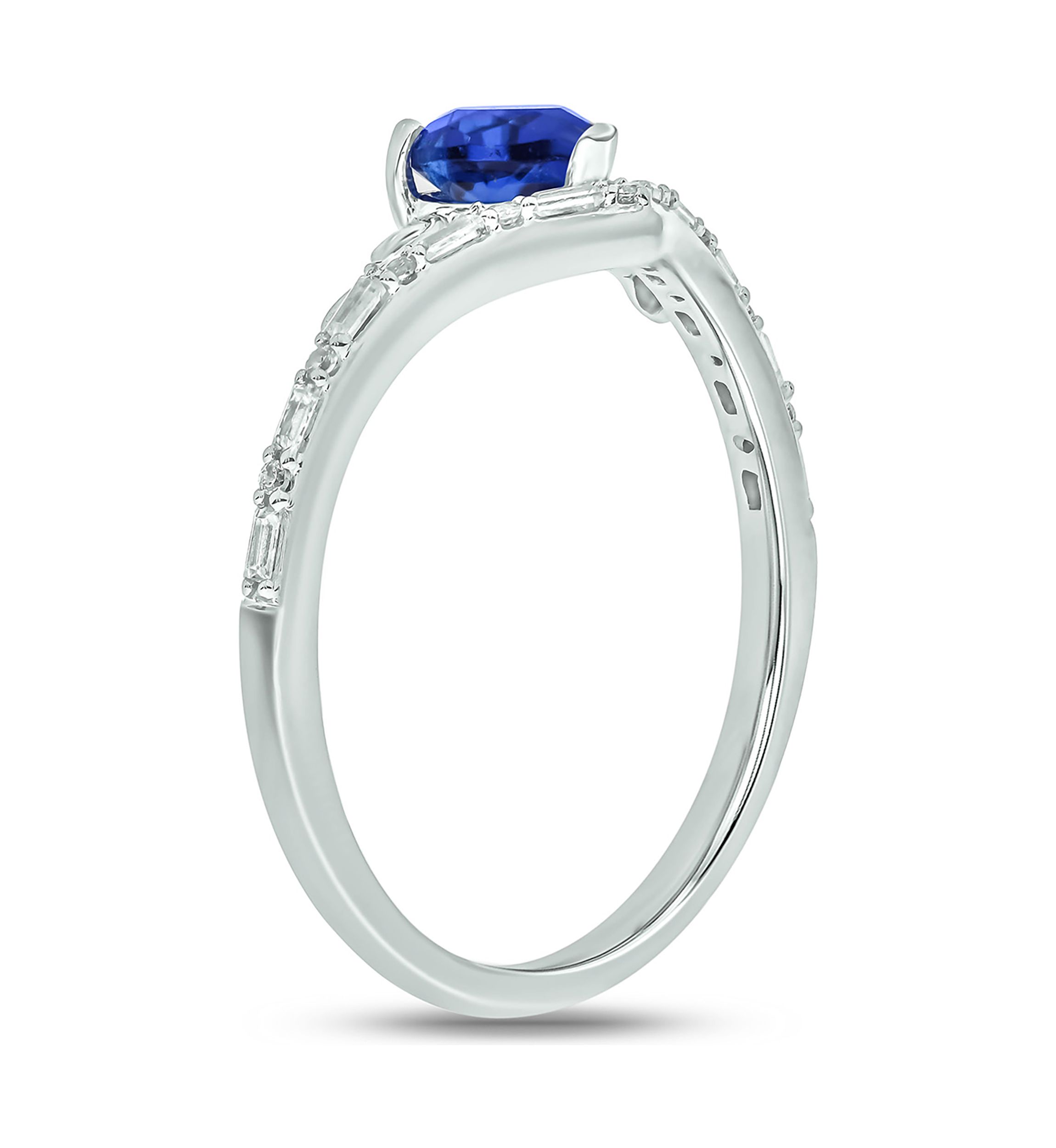 1/10 ct. t.w. Baguette Round White Diamond Synthetic Blue Sapphire Chevron V Anniversary Ring in Sterling Silver 