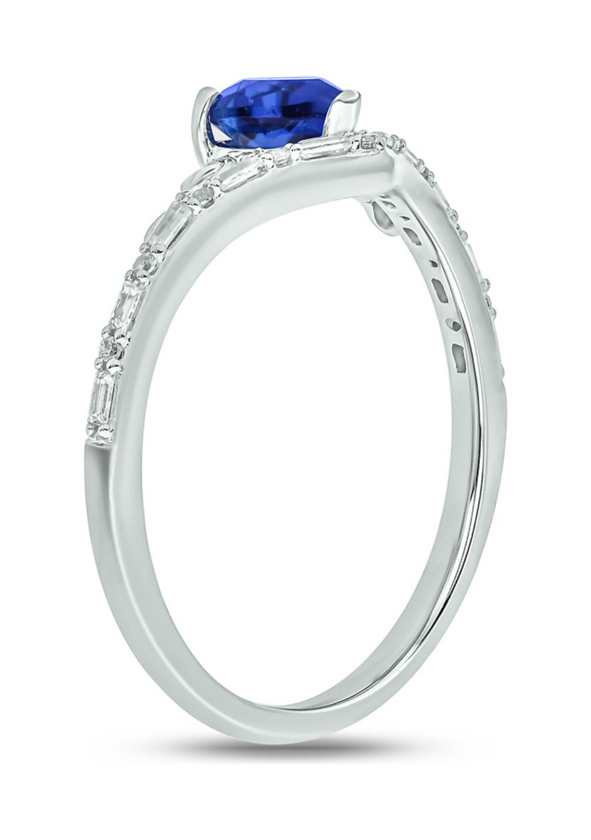 1/10 ct. t.w. Baguette Round White Diamond Synthetic Blue Sapphire Chevron V Anniversary Ring in Sterling Silver 