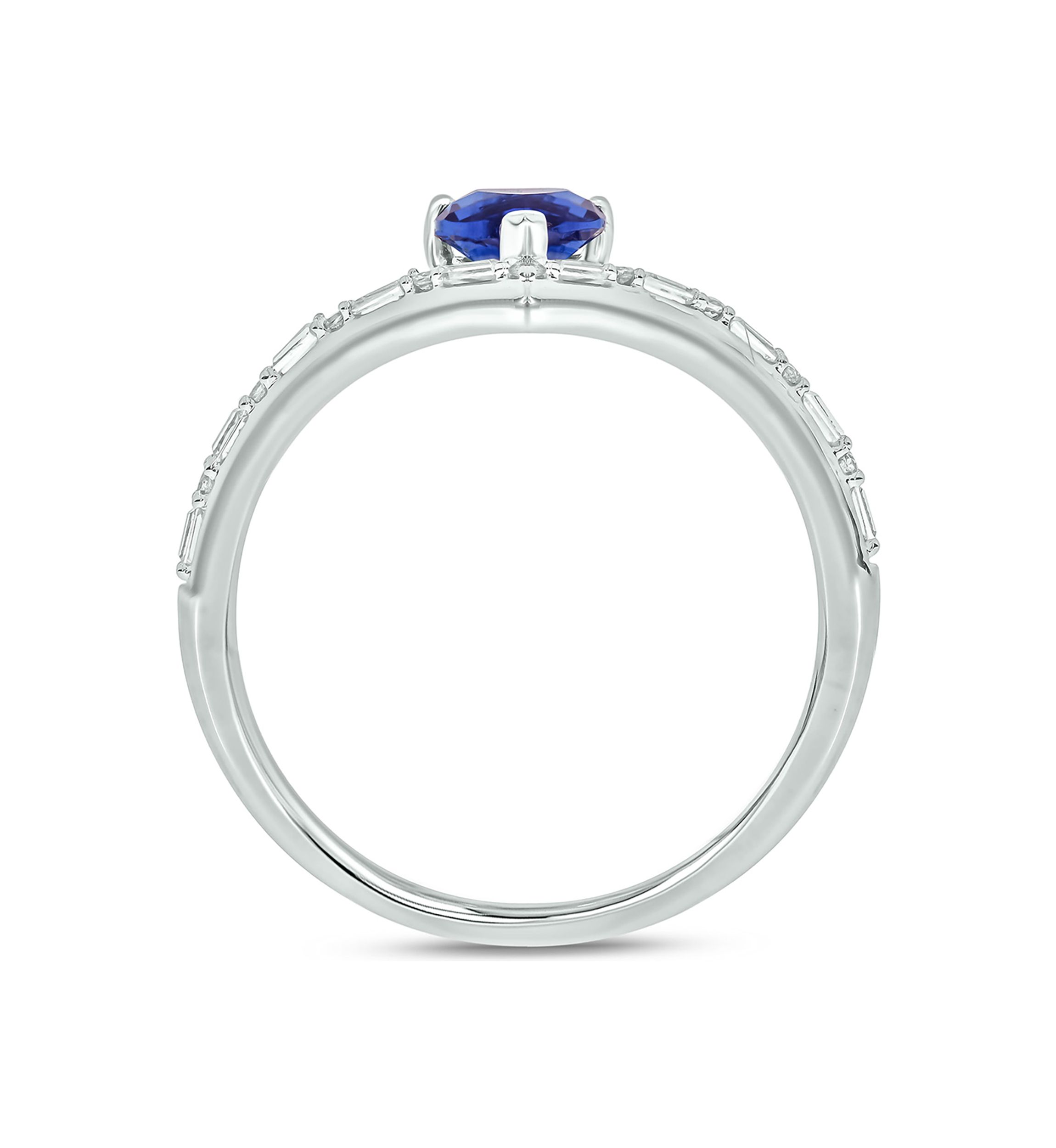 1/10 ct. t.w. Baguette Round White Diamond Synthetic Blue Sapphire Chevron V Anniversary Ring in Sterling Silver 