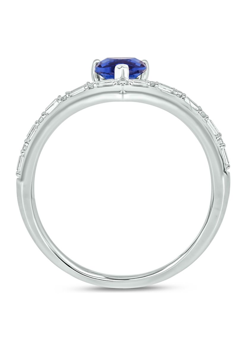 1/10 ct. t.w. Baguette Round White Diamond Synthetic Blue Sapphire Chevron V Anniversary Ring in Sterling Silver 