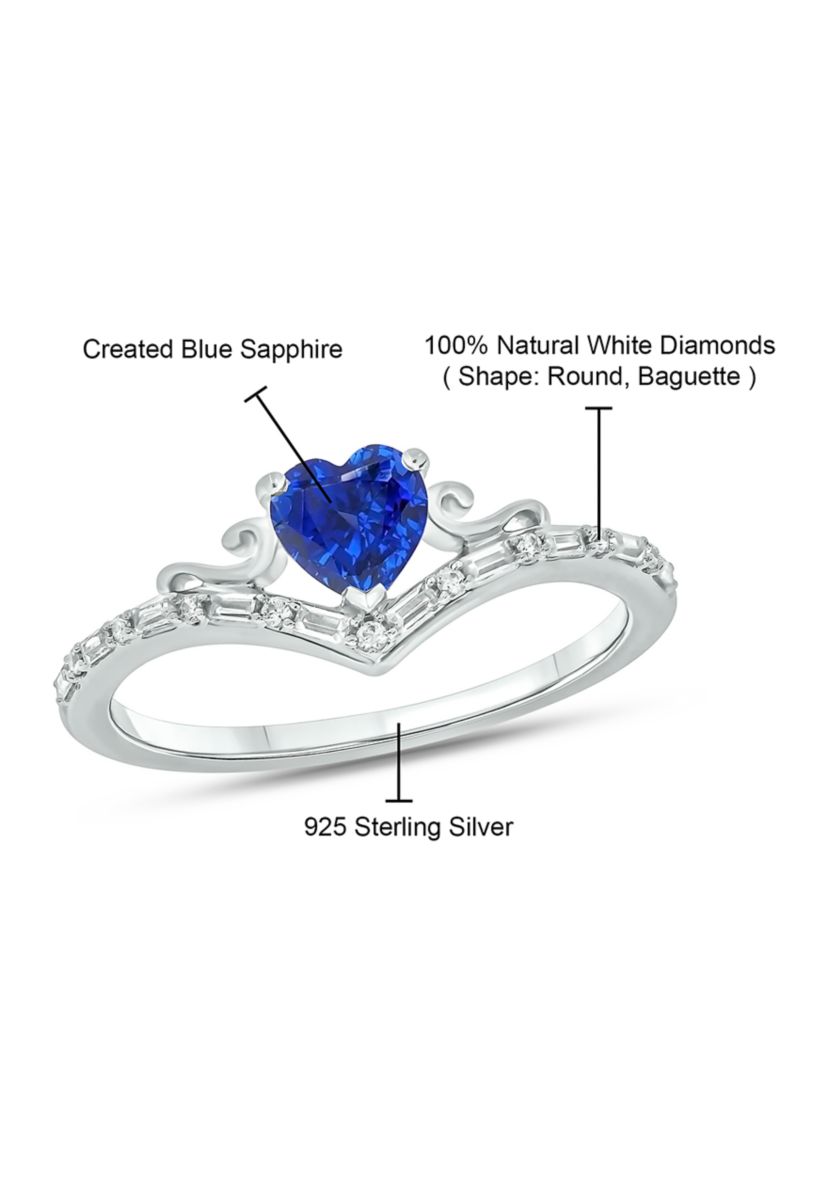 1/10 ct. t.w. Baguette Round White Diamond Synthetic Blue Sapphire Chevron V Anniversary Ring in Sterling Silver 