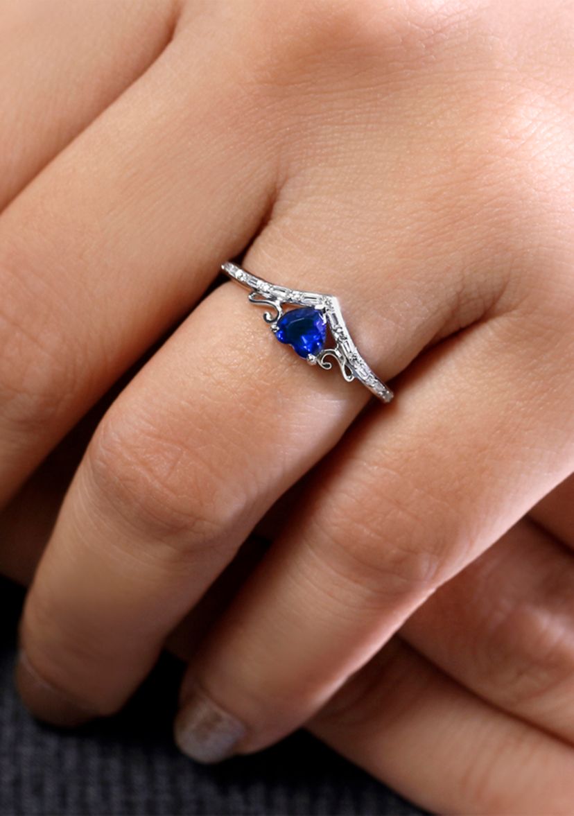 1/10 ct. t.w. Baguette Round White Diamond Synthetic Blue Sapphire Chevron V Anniversary Ring in Sterling Silver 