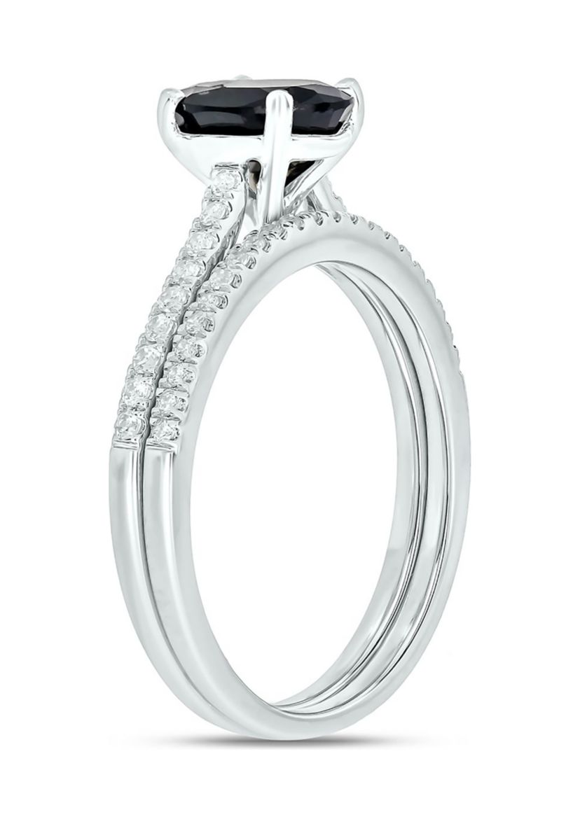 1/4 ct. t.w. Diamond and 1.75 ct. t.w. Natural Oval Black Sapphire Bridal Ring In 10K White Gold