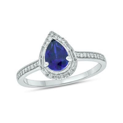 Belk & Co 1/6 ct. t.w. Diamond and 1.0 ct. t.w. Created Blue Sapphire Pear Ring In Streling Silver, White