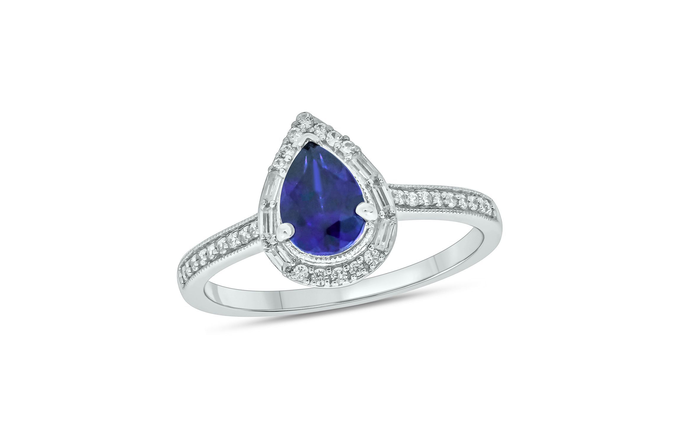 1/6 ct. t.w. Diamond and 1.0 ct. t.w. Created Blue Sapphire Pear Ring In Streling Silver