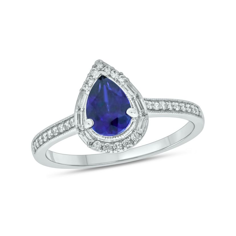 1/6 ct. t.w. Diamond and 1.0 ct. t.w. Created Blue Sapphire Pear Ring In Streling Silver