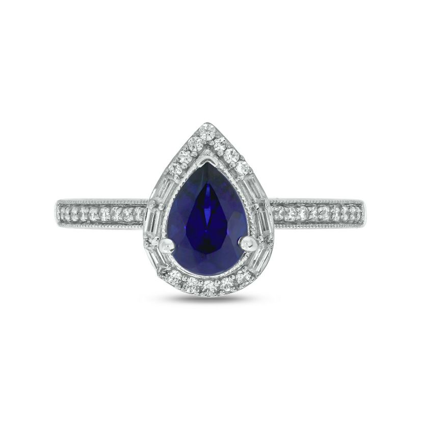 1/6 ct. t.w. Diamond and 1.0 ct. t.w. Created Blue Sapphire Pear Ring In Streling Silver