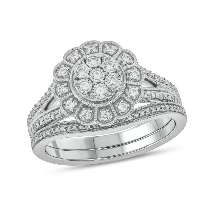 1/4 ct. t.w. Diamond Flower Bridal Ring in Sterling Silver