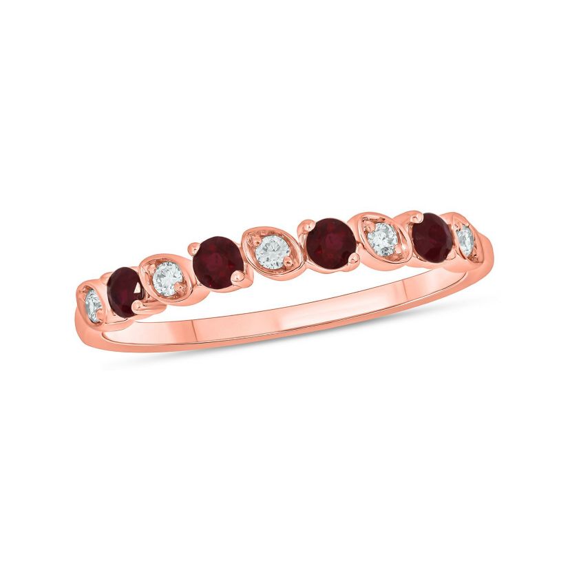 1/10 ct. t.w. Diamond and Natural Ruby Color Stone Anniversary Band in 10K Rose Gold