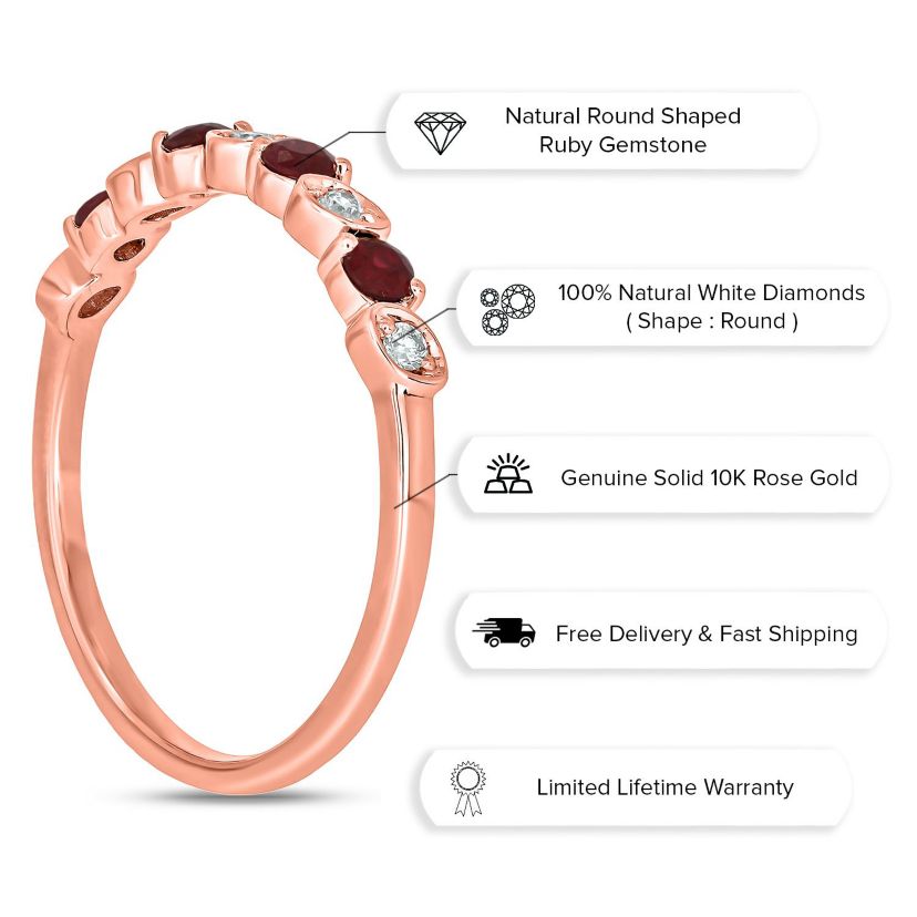 1/10 ct. t.w. Diamond and Natural Ruby Color Stone Anniversary Band in 10K Rose Gold