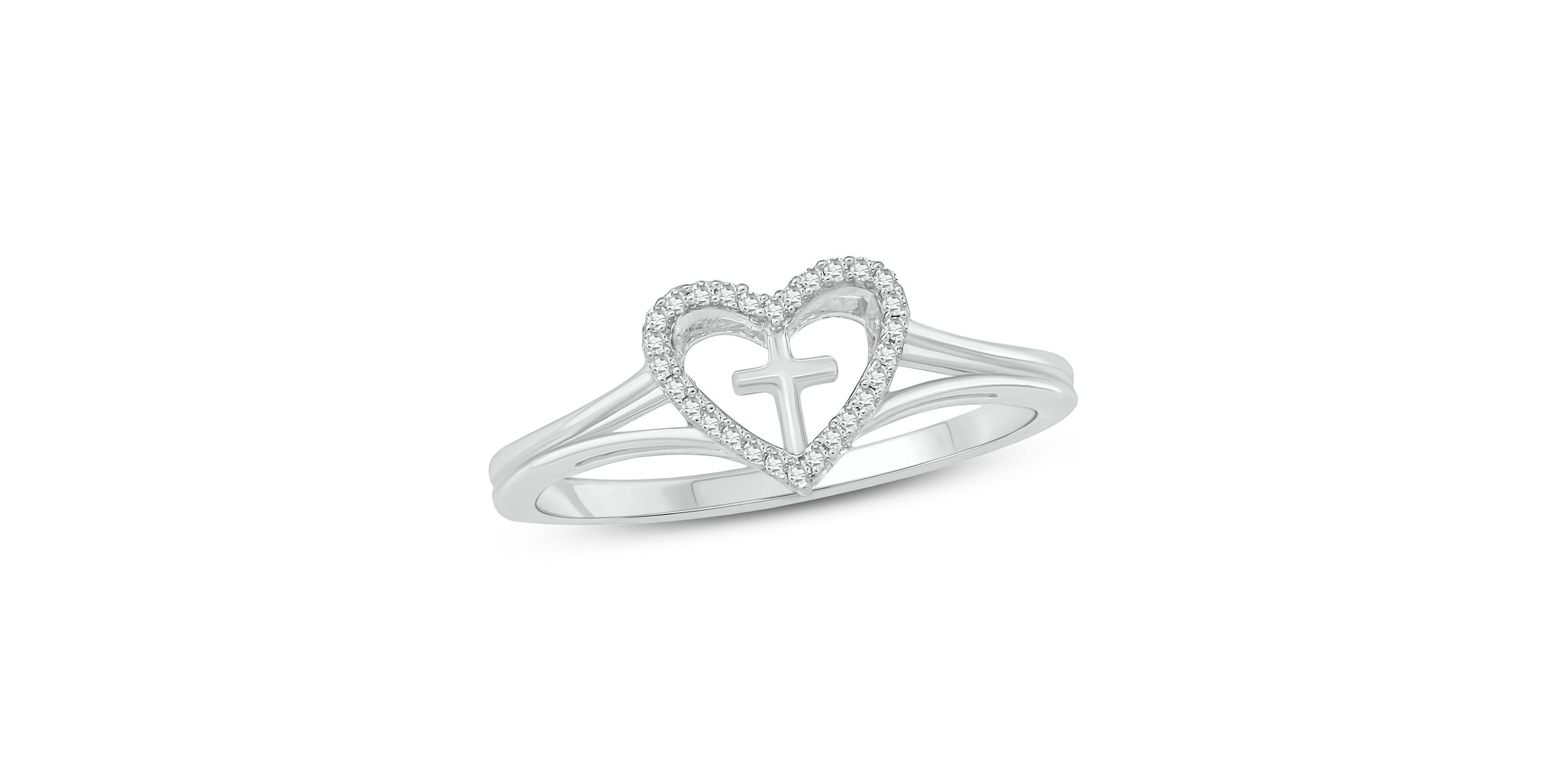 Diamond Accent Heart & Cross Anniversary Band Ring in 14K Yellow Gold