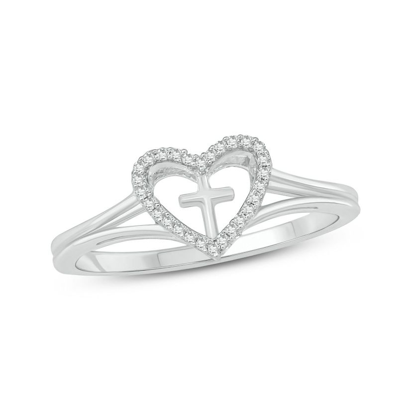 Diamond Accent Heart & Cross Anniversary Band Ring in 14K Yellow Gold