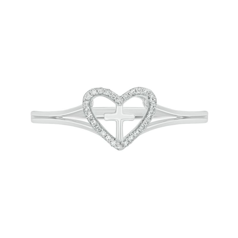 Diamond Accent Heart & Cross Anniversary Band Ring in 14K Yellow Gold