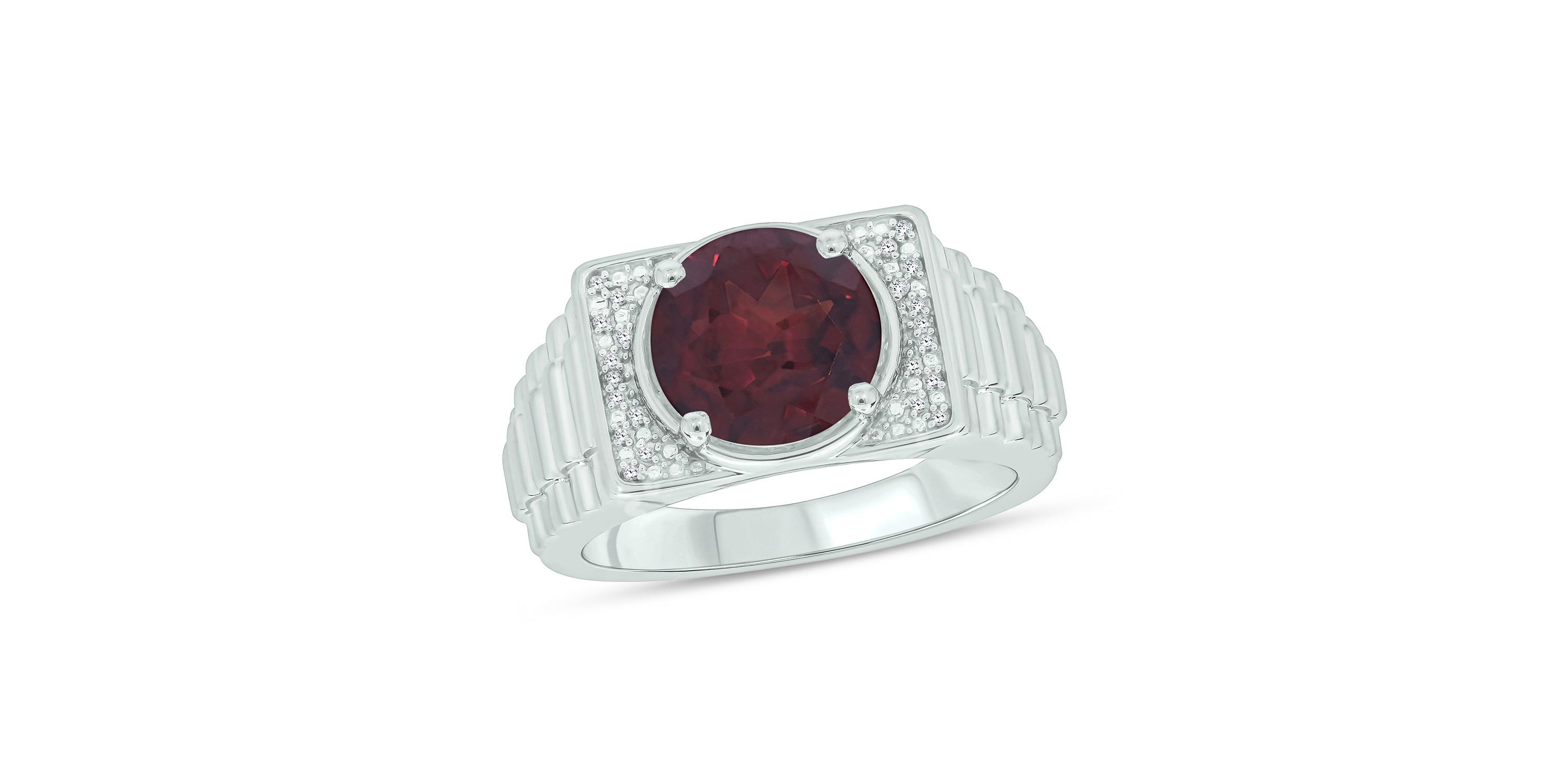 Diamond Accent and 4.25 ct. t.w. Natural Garnet Mens Ring In Sterling Silver