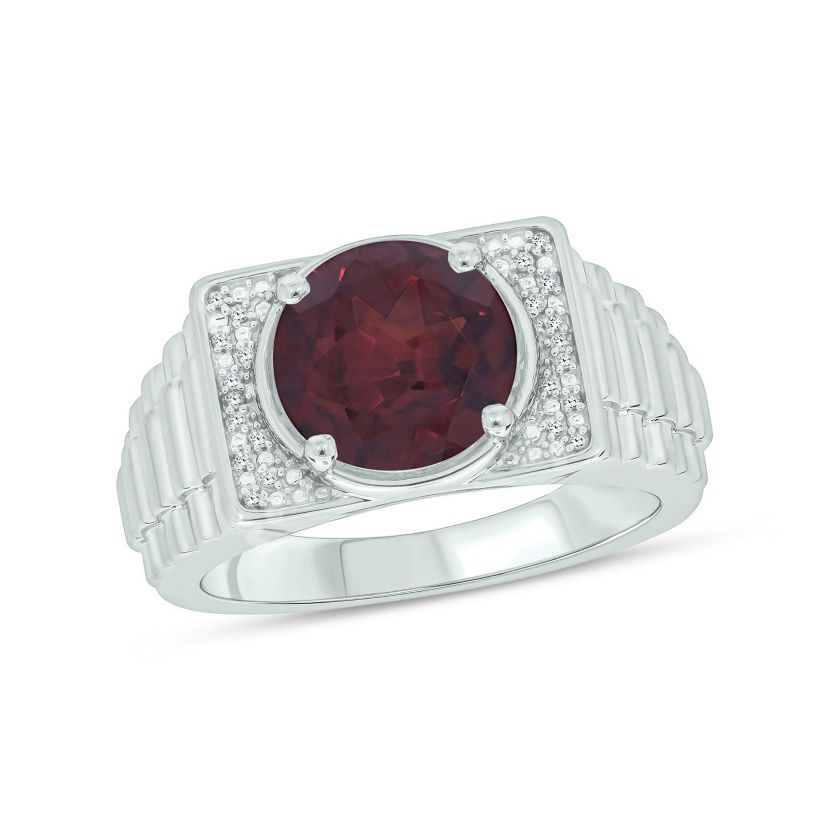 Diamond Accent and 4.25 ct. t.w. Natural Garnet Mens Ring In Sterling Silver