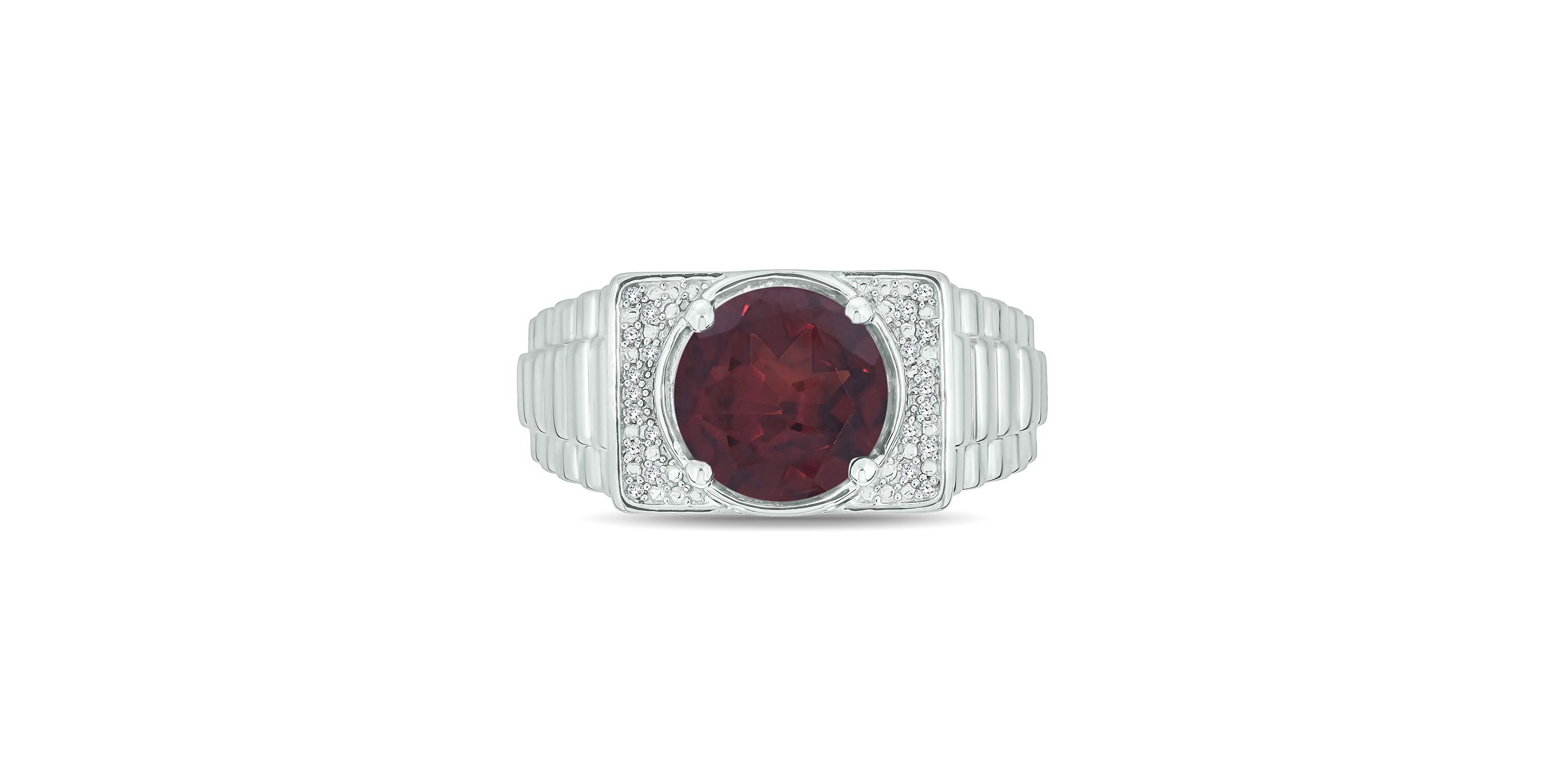Diamond Accent and 4.25 ct. t.w. Natural Garnet Mens Ring In Sterling Silver