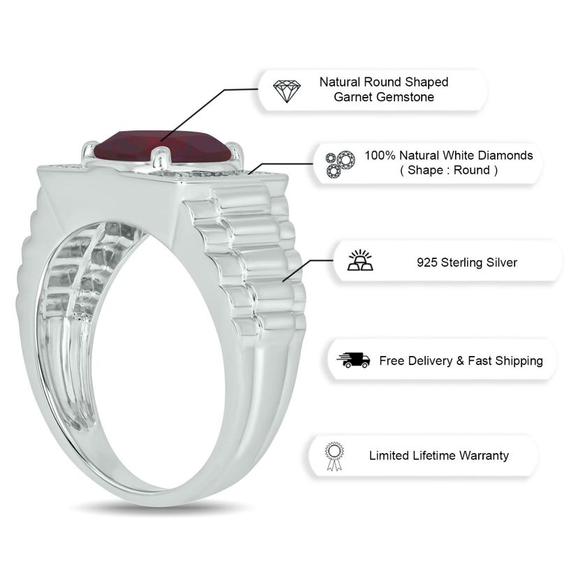 Diamond Accent and 4.25 ct. t.w. Natural Garnet Mens Ring In Sterling Silver