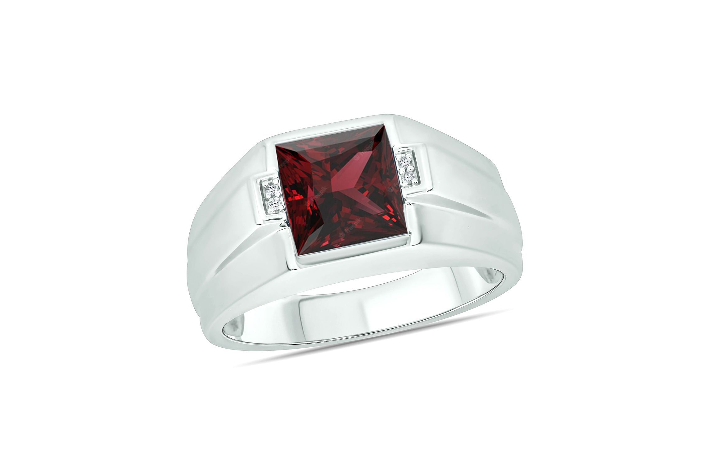 Diamond Accent and 3.0 ct. t.w. Natural Princess Cut Garnet Mens Ring In Sterling Silver