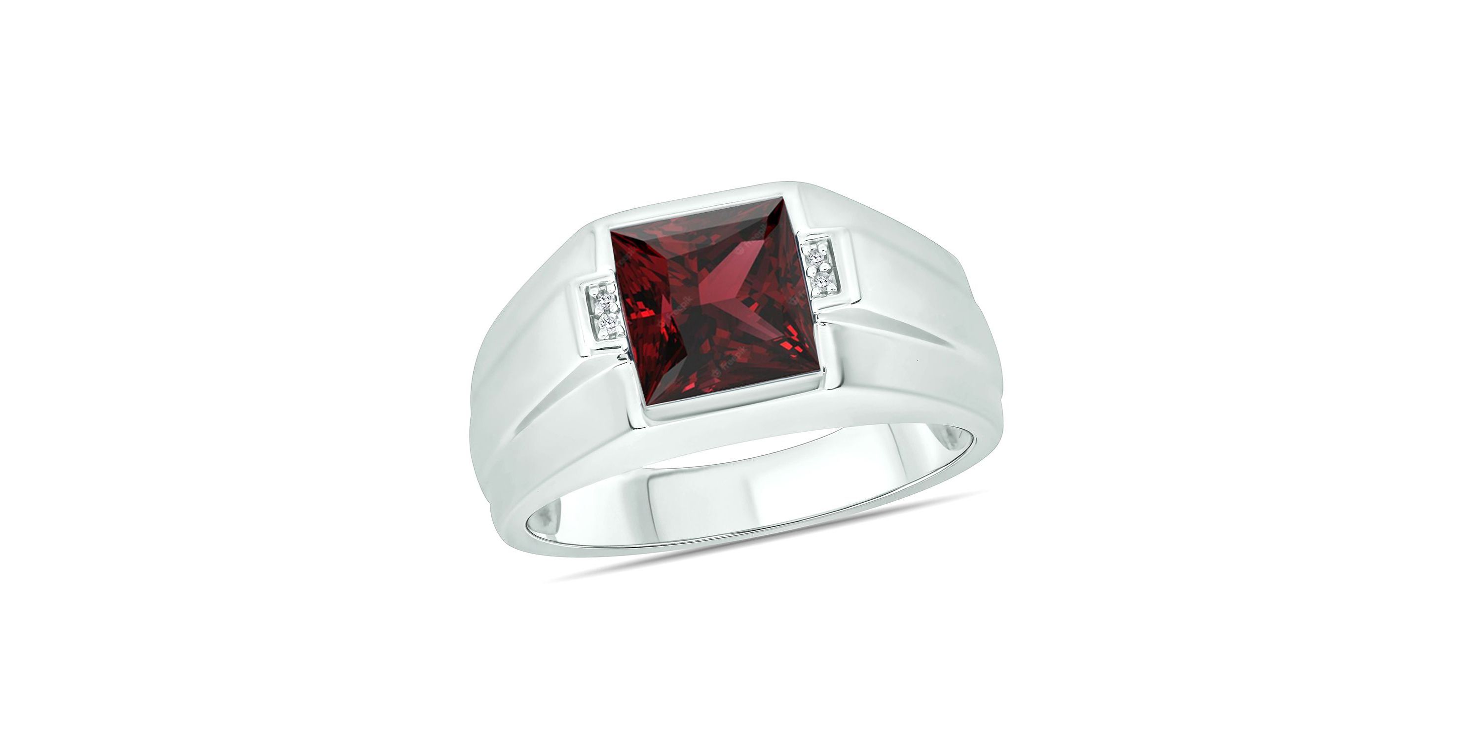 Diamond Accent and 3.0 ct. t.w. Natural Princess Cut Garnet Mens Ring In Sterling Silver