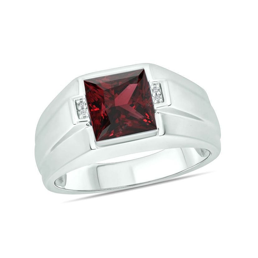 Diamond Accent and 3.0 ct. t.w. Natural Princess Cut Garnet Mens Ring In Sterling Silver