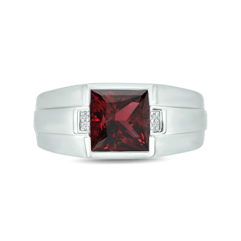 Diamond Accent and 3.0 ct. t.w. Natural Princess Cut Garnet Mens Ring In Sterling Silver