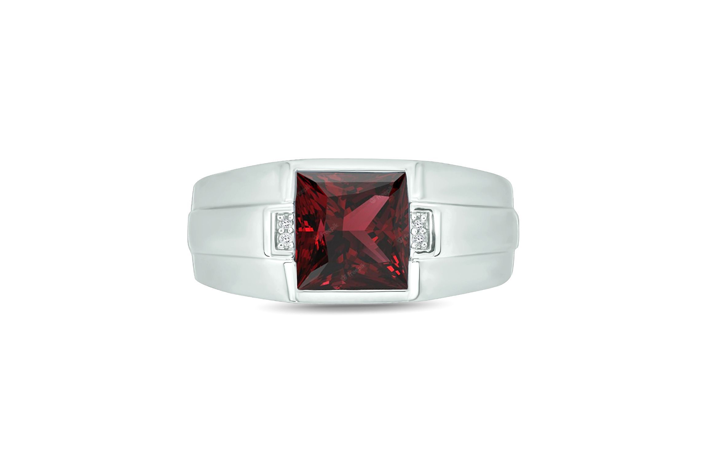 Diamond Accent and 3.0 ct. t.w. Natural Princess Cut Garnet Mens Ring In Sterling Silver