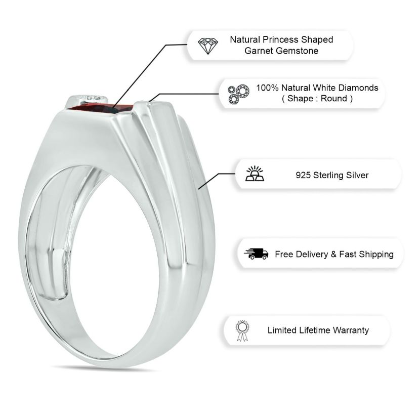 Diamond Accent and 3.0 ct. t.w. Natural Princess Cut Garnet Mens Ring In Sterling Silver