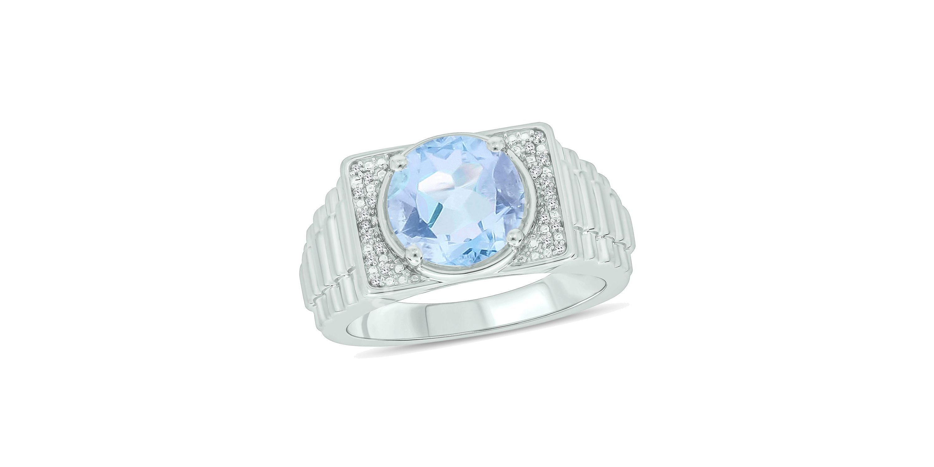 Lab Created Diamond Accent and 4.25 ct. t.w. Created Aquamarine Mens Ring In Sterling Silver