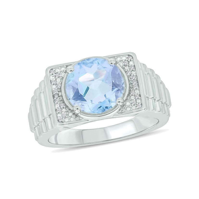 Lab Created Diamond Accent and 4.25 ct. t.w. Created Aquamarine Mens Ring In Sterling Silver