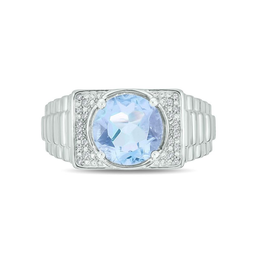 Lab Created Diamond Accent and 4.25 ct. t.w. Created Aquamarine Mens Ring In Sterling Silver
