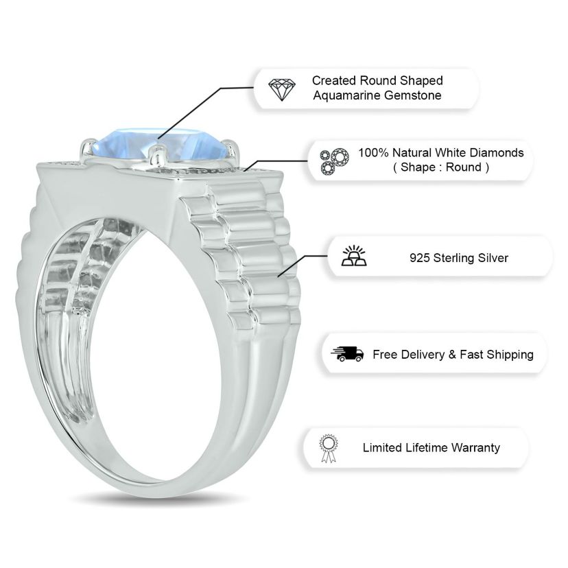 Lab Created Diamond Accent and 4.25 ct. t.w. Created Aquamarine Mens Ring In Sterling Silver