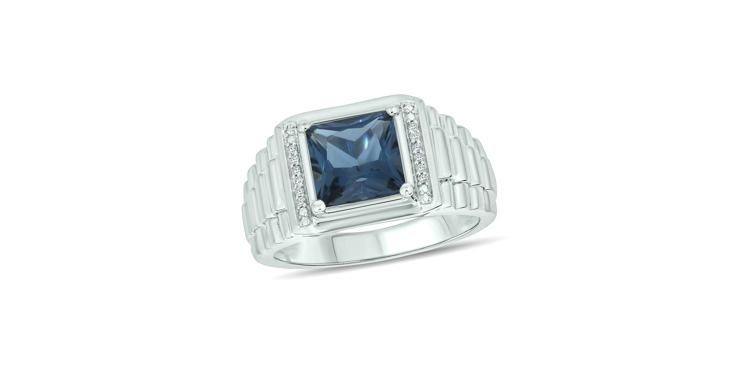 Diamond Accent and 3.0 ct. t.w. Natural Princess Cut Blue Topaz Mens Ring In Sterling Silver