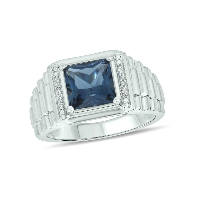 Diamond Accent and 3.0 ct. t.w. Natural Princess Cut Blue Topaz Mens Ring In Sterling Silver
