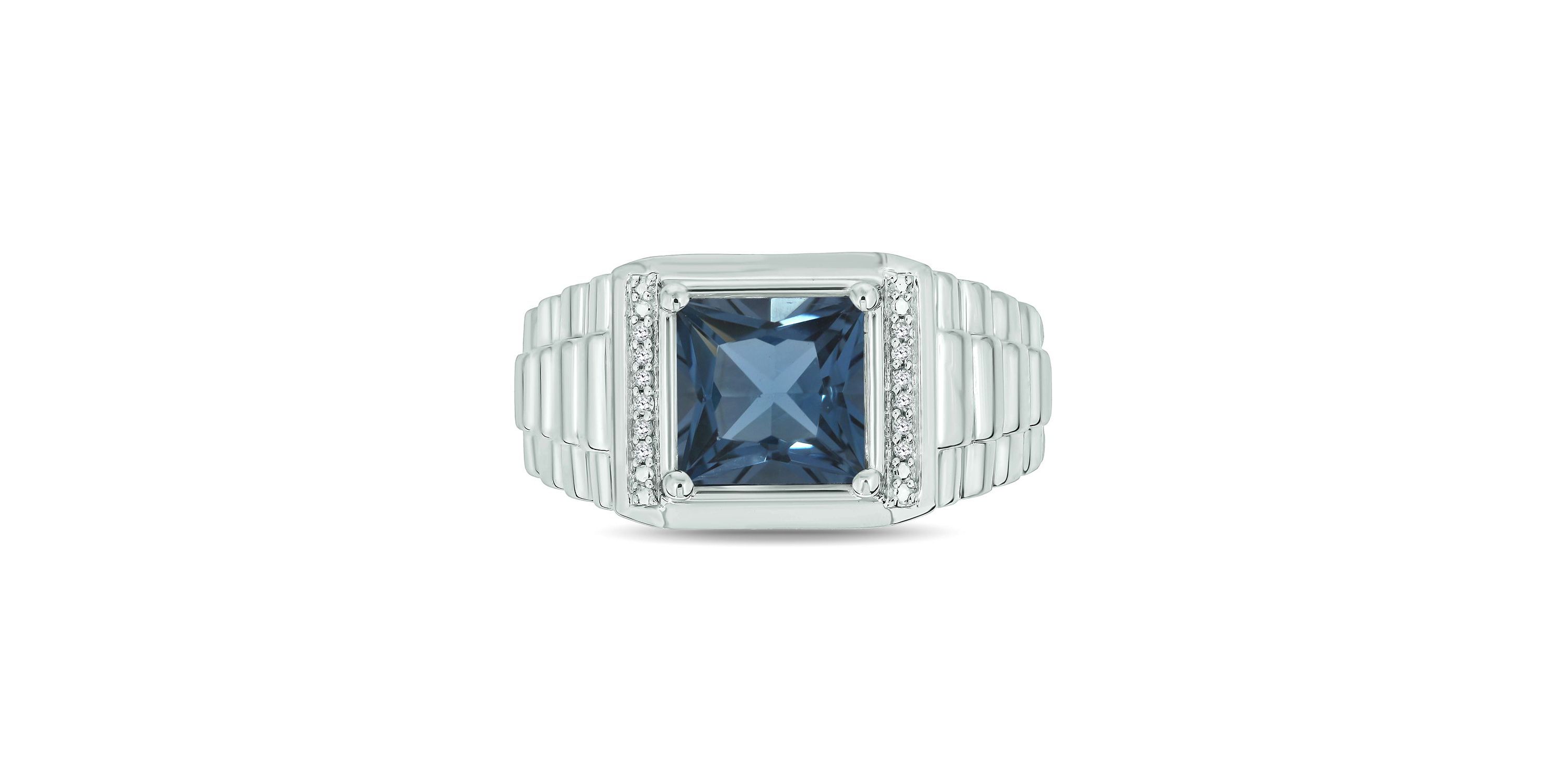 Diamond Accent and 3.0 ct. t.w. Natural Princess Cut Blue Topaz Mens Ring In Sterling Silver