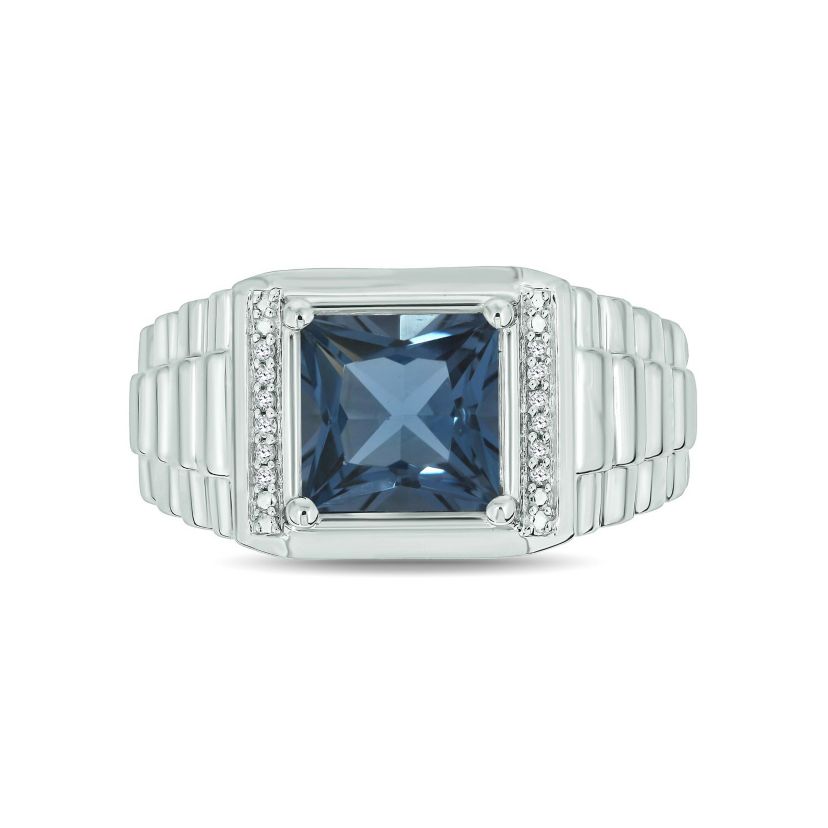 Diamond Accent and 3.0 ct. t.w. Natural Princess Cut Blue Topaz Mens Ring In Sterling Silver