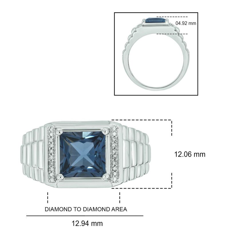 Diamond Accent and 3.0 ct. t.w. Natural Princess Cut Blue Topaz Mens Ring In Sterling Silver