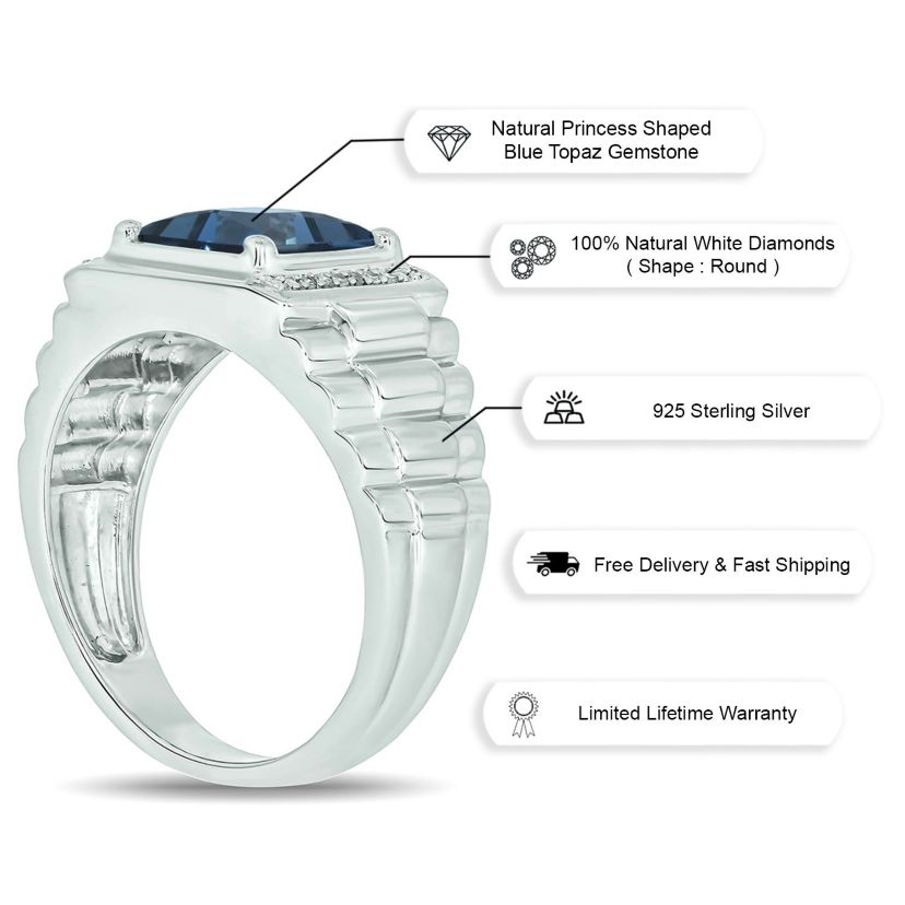 Diamond Accent and 3.0 ct. t.w. Natural Princess Cut Blue Topaz Mens Ring In Sterling Silver