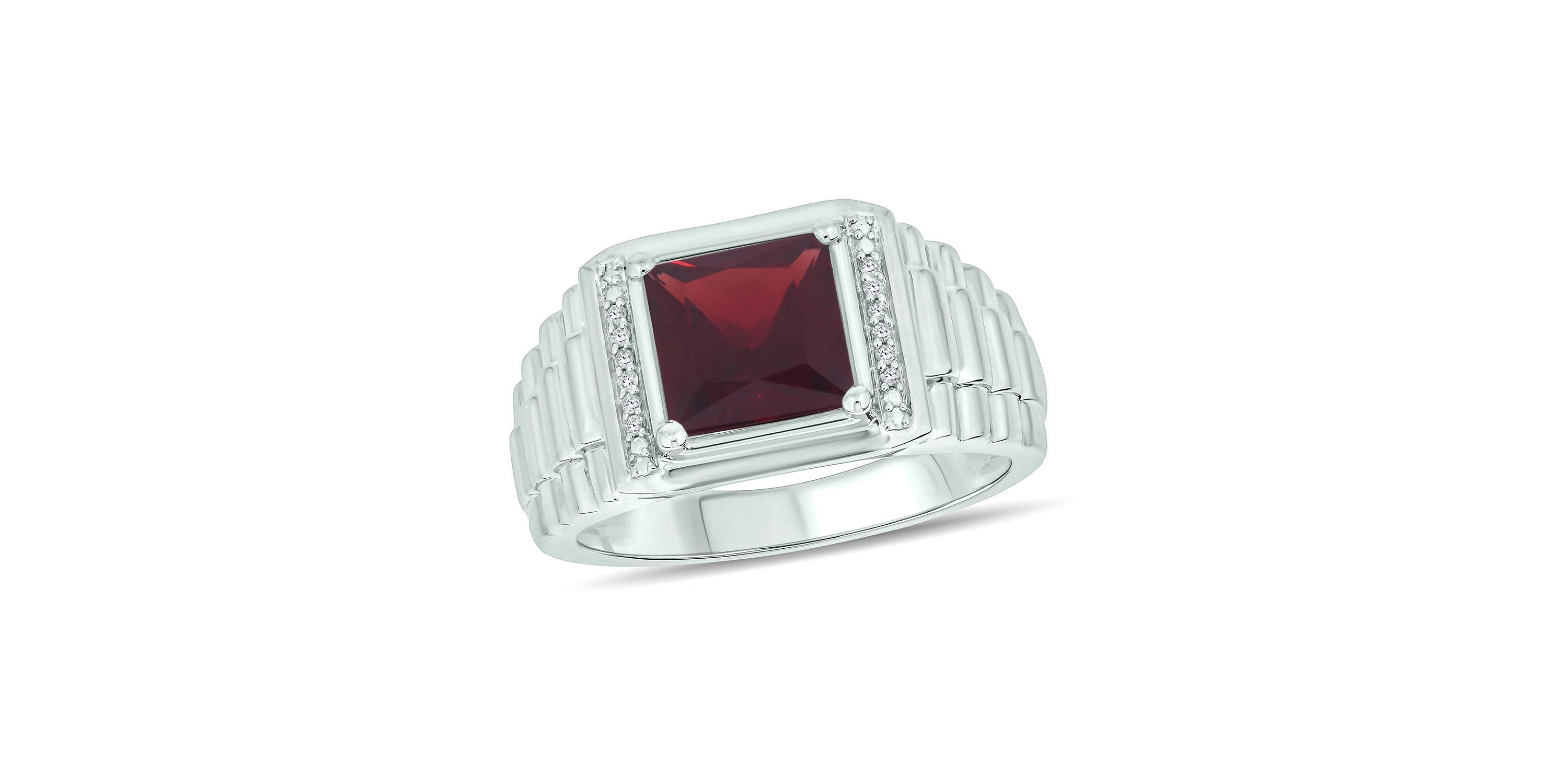 Diamond Accent and 3.0 ct. t.w. Natural Princess Cut Garnet Mens Ring In Sterling Silver