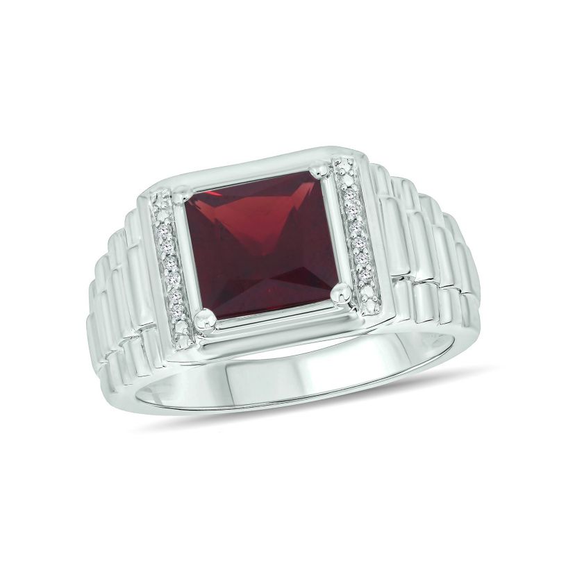 Diamond Accent and 3.0 ct. t.w. Natural Princess Cut Garnet Mens Ring In Sterling Silver