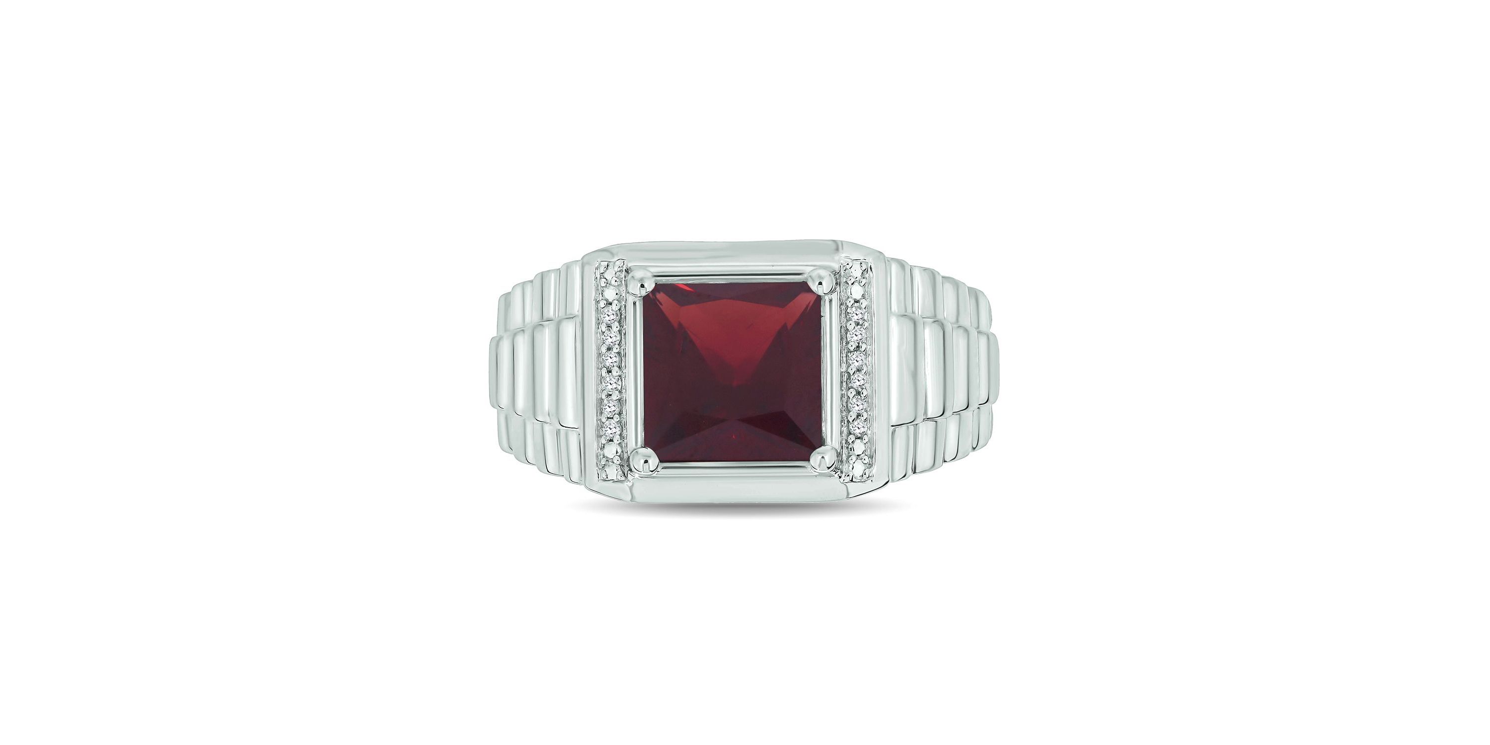 Diamond Accent and 3.0 ct. t.w. Natural Princess Cut Garnet Mens Ring In Sterling Silver