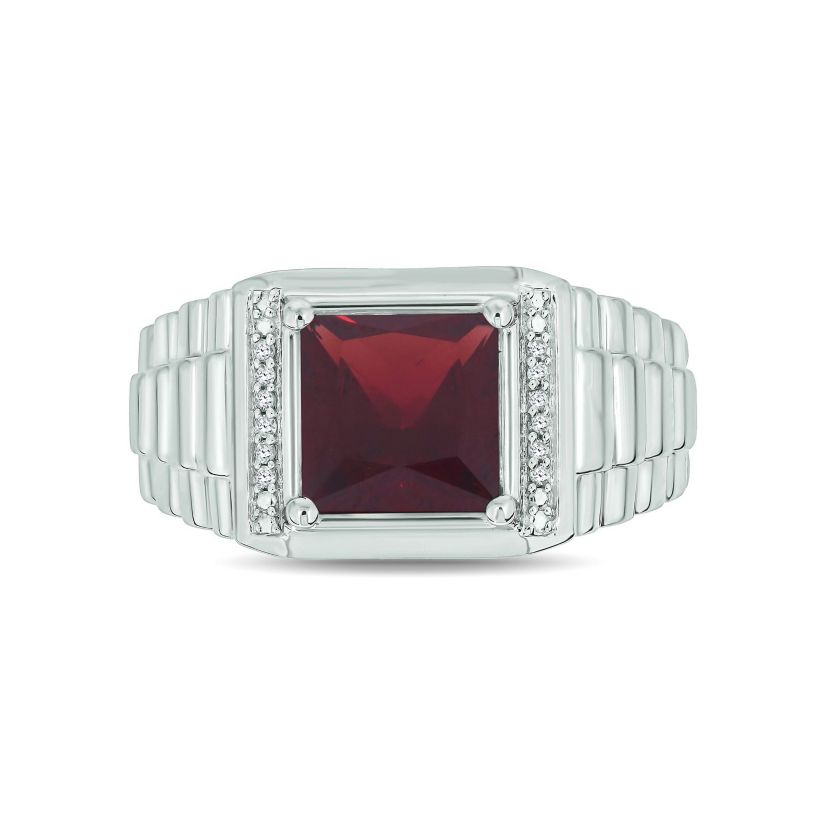 Diamond Accent and 3.0 ct. t.w. Natural Princess Cut Garnet Mens Ring In Sterling Silver
