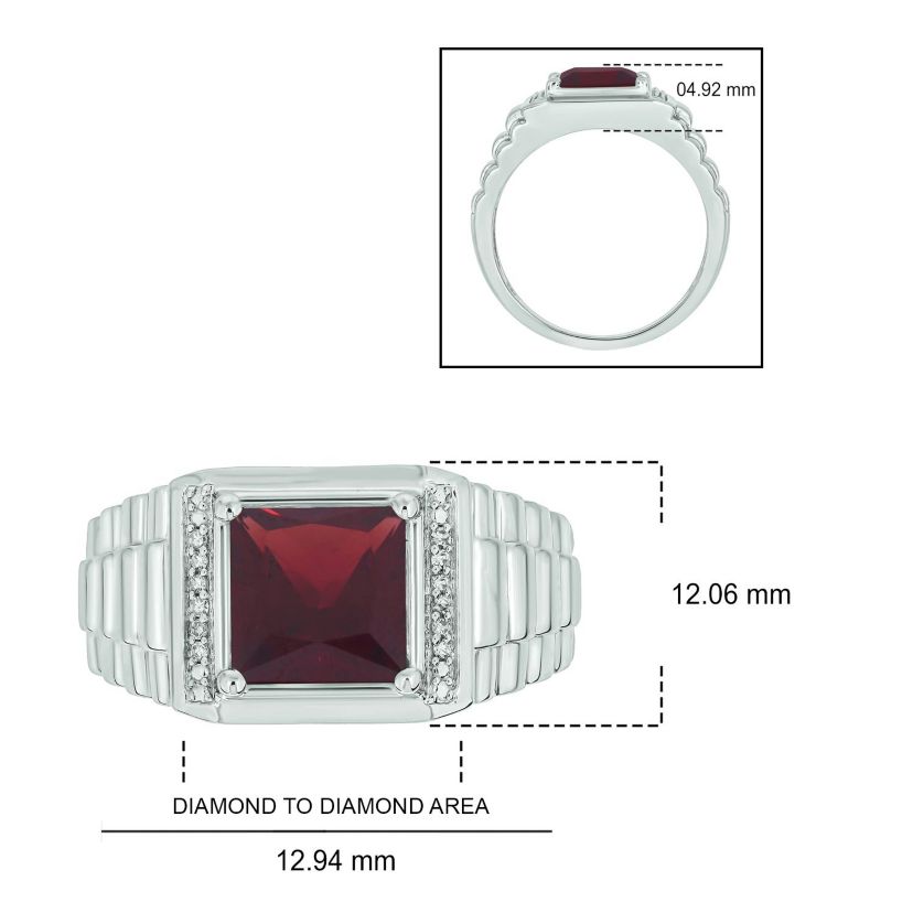 Diamond Accent and 3.0 ct. t.w. Natural Princess Cut Garnet Mens Ring In Sterling Silver