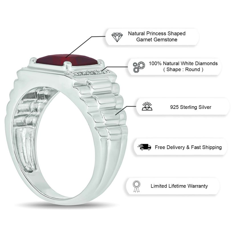 Diamond Accent and 3.0 ct. t.w. Natural Princess Cut Garnet Mens Ring In Sterling Silver