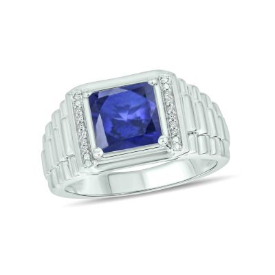 Belk & Co Lab Created Diamond Accent and 3.0 ct. t.w. Created Princess Cut Blue Sapphire Men's Ring In Sterling Silver