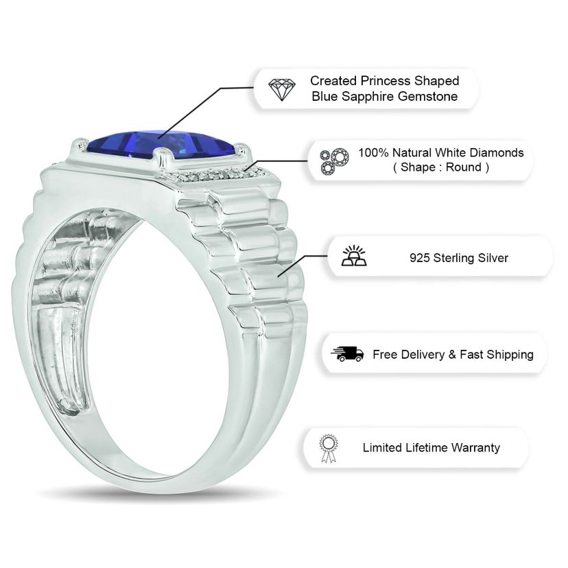 Lab Created Diamond Accent and 3.0 ct. t.w. Created Princess Cut Blue Sapphire Mens Ring In Sterling Silver