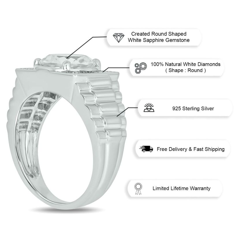 Lab Created Diamond Accent and 4.25 ct. t.w. Created White Sapphire Mens Ring In Sterling Silver