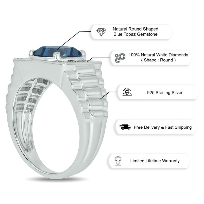 Diamond Accent and 4.25 ct. t.w. Natural Blue Topaz Mens Ring In Sterling Silver