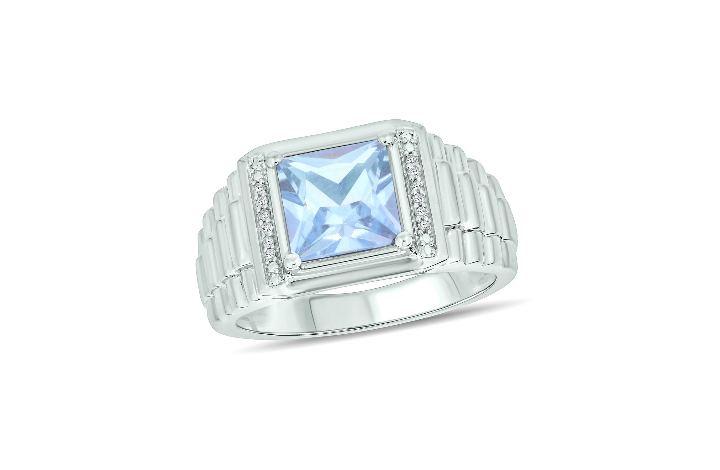 Lab Created Diamond Accent and 3.0 ct. t.w. Created Princess Cut Aquamarine Mens Ring In Sterling Silver